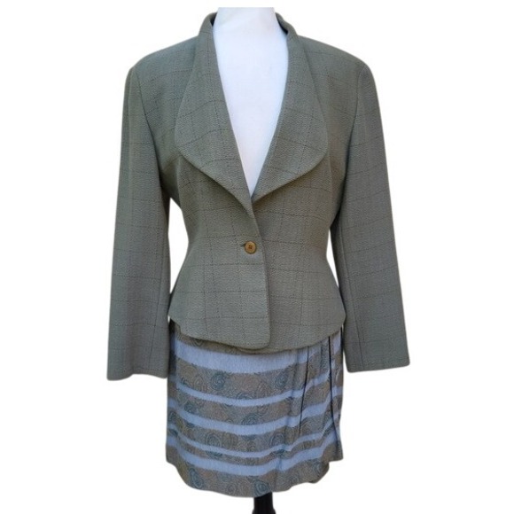 Giorgio Armani Jackets & Blazers - Giorgio Armani VTG 90s Olive Green Blazer and Blue Stripe 2 pc Skirt Suit 10